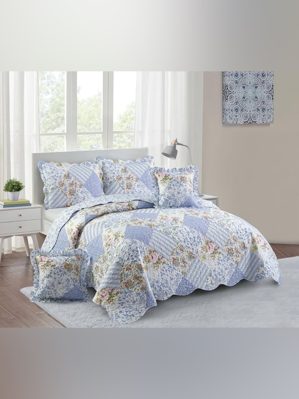 Brilliant Sunshine Blue Rose Patchwork Ruffle Pillowshams - Picture 6 of 8